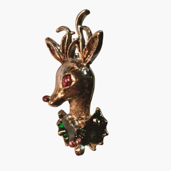 Rudolf Red Nose Reindeer Pin Brooch Vintage Christmas Holiday Jewelry - Picture 1 of 4